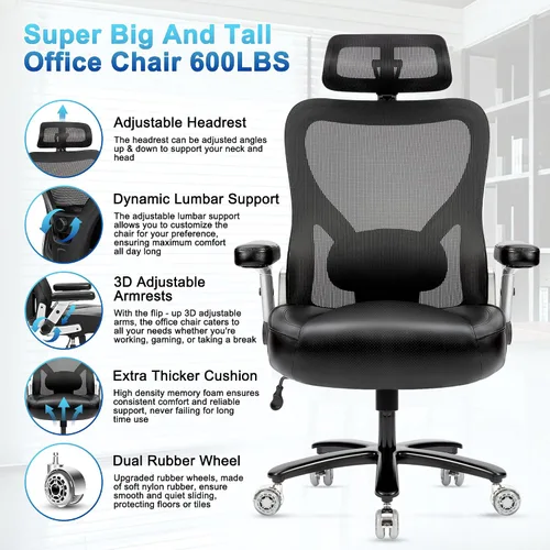 Vista 4 de Silla de oficina súper grande y alta, 700 libras, silla ejecutiva de computadora resistente con ruedas de goma, brazos abatibles 3D, silla