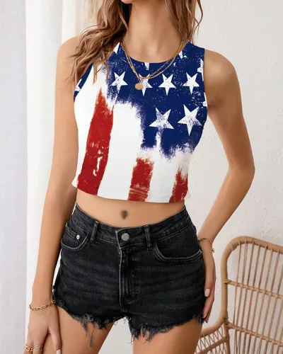 Vista 4 de Camiseta corta con bandera estadounidense para mujer, patriótica de Estados Unidos, para el 4 de julio, sexy, expuesta, suave, para verano, sin