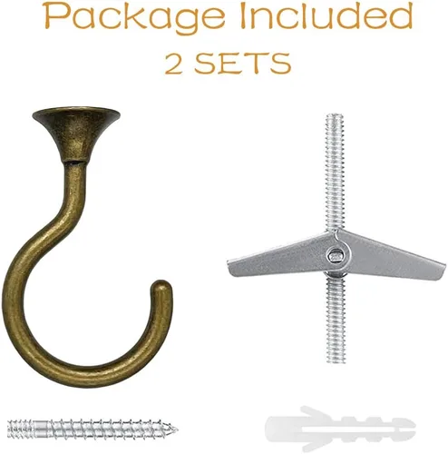 Vista 2 de Ganchos de techo para plantas colgantes (2 juegos, latón antiguo) Zinc alloy with iron core; 30 lb on wood, 25 lb on drywall; screws, bolts and