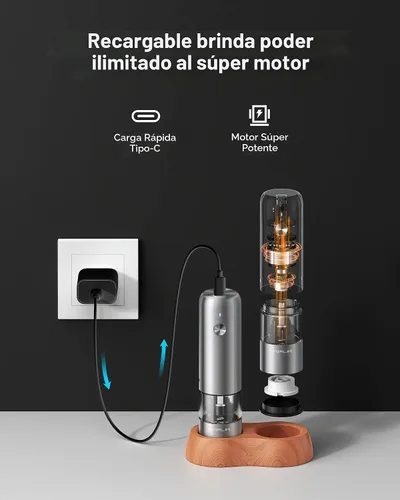 Vista 3 de FORLIM Mini Molinillo Eléctrico de Sal y Pimienta con Base de Madera, Recargable por USB, Pequeño Molinillo Automático de Sal y Pimienta