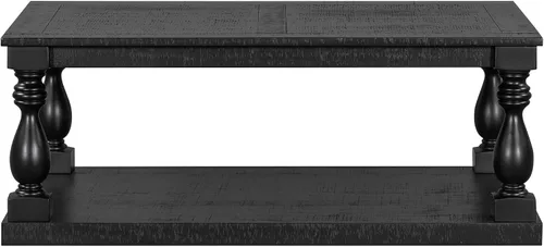 Vista 4 de P PURLOVE Mesa de centro de madera maciza, moderna mesa de centro de granja con rectángulo de almacenamiento para sala de estar, color negro