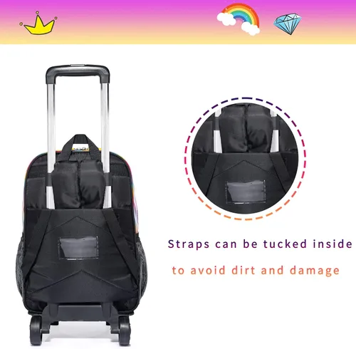 Vista 7 de Mochila con ruedas para niñas, mochila escolar con ruedas, bolsa escolar con bolsa de almuerzo y bolsa para lápices, mochila con ruedas para niños
