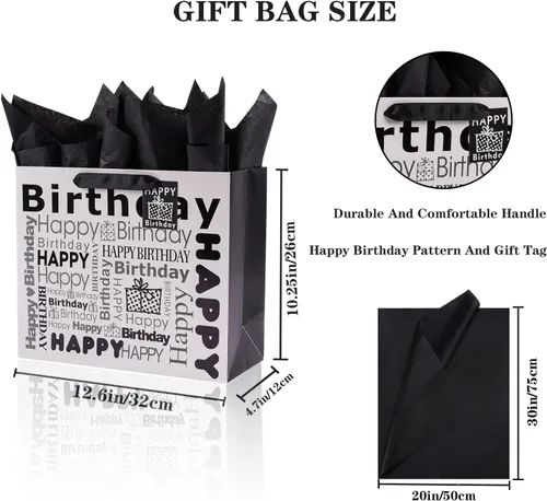 Vista 2 de JWSCYSY 1 bolsa de regalo grande blanca y negra con papel de seda, bolsa de regalo de feliz cumpleaños para hombres y mujeres, 12.6 x 10.25 x 4.7