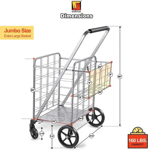 Vista 3 de Wellmax Carrito de comestibles plegable con ruedas, carrito utilitario de metal resistente con parte inferior de malla, cesta trasera adicional