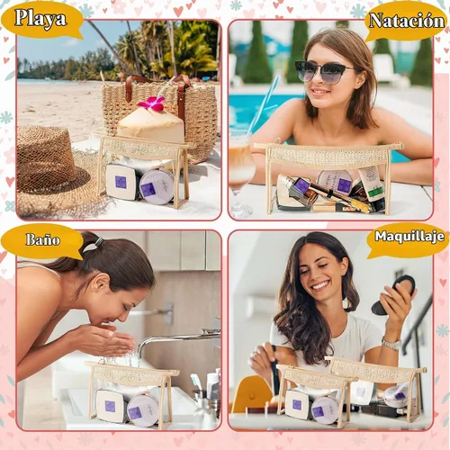 Vista 5 de Bolsa de cosméticos con parches bohemios, bolsa de maquillaje para verano, playa, piscina, neceser de maquillaje, beige, transparente, impermeable