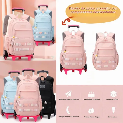 Vista 6 de Mochila con ruedas para niñas, mochila con ruedas para niños, mochila escolar con ruedas 2 ruedas - negro