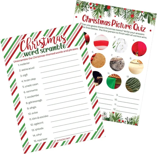 Vista 8 de DISTINCTIVS Juegos de Fiesta de Navidad, (Paquete de 2 Juegos) - Trivia de Todo sobre Navidad y Juego de Palabras Anagramas - 25 Tarjetas de Doble