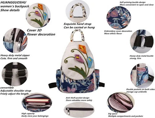 Vista 133 de HUANGGUOSHU Mochila de algodón tejida de algodón bohemio con bordado de lona estilo bohemio con múltiples bolsillos retro linda mochila cartera