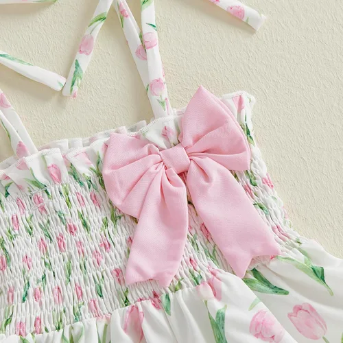 Vista 6 de Conjunto de ropa de verano para niña pequeña, con lazo fruncido, camiseta y pantalones cortos, tulipán, floral, lindos trajes para niñas pequeñas