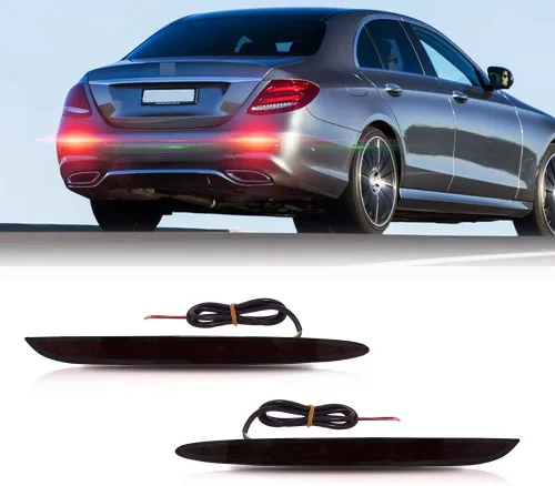 Vista 8 de Lente roja LED parachoques trasero reflector freno trasero luces antiniebla para 2016-2020 Mercedes-Benz W213 Clase E E200 E250 E300 E350 E400 E500