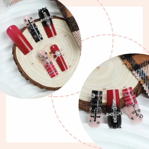 Vista 3 de MISUD - Uñas postizas largas cuadradas con pegamento de Rojo Gótico y Negro, diseño cruzado gótico Y2K acrílico, 24 piezas 020A00Rojo y Negro