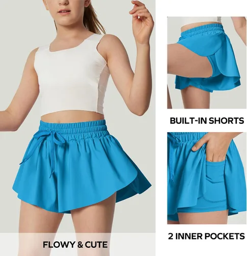 Vista 3 de Ewedoos Pantalones cortos holgados 2 en 1 para niñas, pantalones cortos atléticos de mariposa, talla 10-12, lindos pantalones cortos de moda
