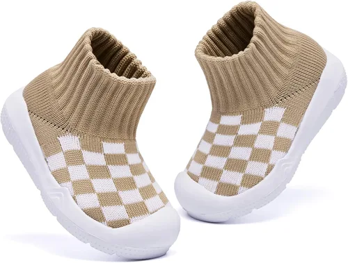 Vista 4 de MORENDL Zapatos de calcetín para caminar para bebé, 2 pies pequeños, pantuflas para niños pequeños, niñas y niños, suela suave, antideslizante