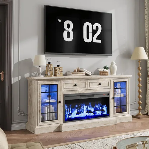 Vista 2 de Soporte de TV con chimenea de hasta 80" TVs, centro de entretenimiento moderno de 70" con chimenea eléctrica de 36" y luces LED, consola multimedia