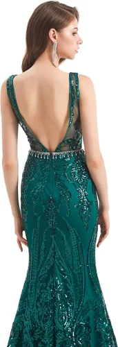 Vista 5 de Vestido de noche formal de sirena sin mangas con lentejuelas en V sin espalda para mujer