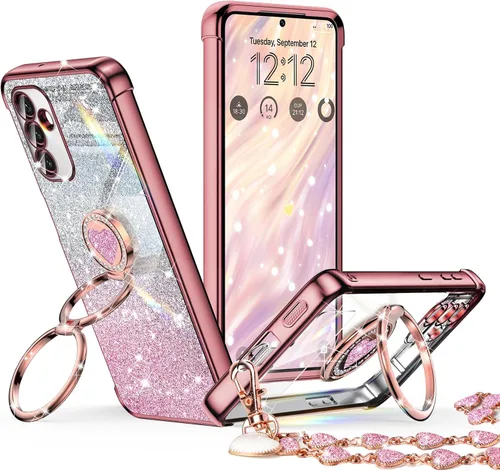 Vista 23 de XYZ Funda para Galaxy A14 5G con soporte y doble anillo, funda de lujo para Samsung A14 5G, color negro