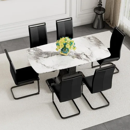 Vista 15 de Moderno juego de mesa de comedor para 4, mesa de vidrio de 63 pulgadas y base de MDF, mesa de comedor de mármol sintético negro con 4 sillas Mesa