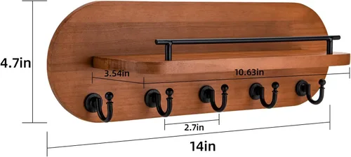 Vista 3 de SANY DAYO HOME Soporte para Llaves de Pared de Madera Marrón con Perchero de Entrada con 5 Ganchos Dorados, Barandilla de Estante de Metal
