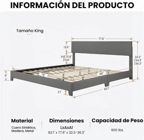 Vista 2 de SHA CERLIN - Marco de cama tapizado de tamaño King en color gris oscuro con cabecero ajustable, soporte de listones de madera, no necesita somier