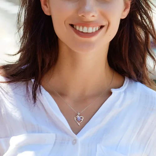 Vista 4 de Collar de corazón con piedra natal para mujer, plata de ley 925, collar con colgante de flor de rosa, collar para madre e hija para mamá, mujer