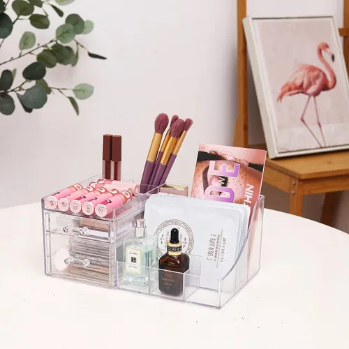 Vista 5 de Cq acrylic 1 organizador transparente para el cuidado de la piel para tocador, organizador de maquillaje apilable con 2 cajones, lindo organizador