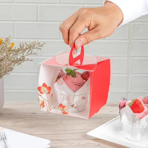 Vista 5 de Restaurantware - Cajas individuales para cupcakes de 4 x 4.25 pulgadas, 100 cajas de exhibición desechables para cupcakes - Con asa, acento de Rojo