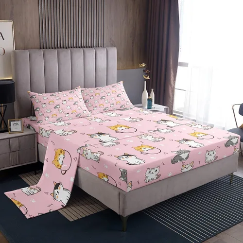 Vista 27 de Erosebridal Lindas sábanas de gato Kawaii fresa tamaño individual para niñas, diseño de arcoíris de dibujos animados, juegos de sábanas y fundas
