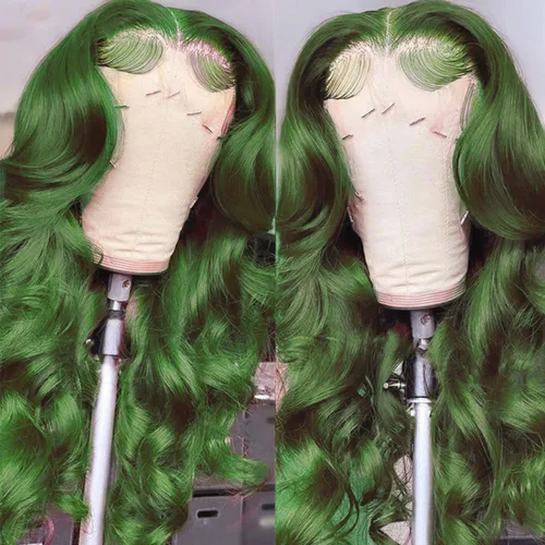 Vista 3 de Colorful Bird Pelucas de cabello humano brasileño ondulado con encaje frontal de 13 x 4 HD, predepilada con abuelitos, color verde oscuro, pelucas
