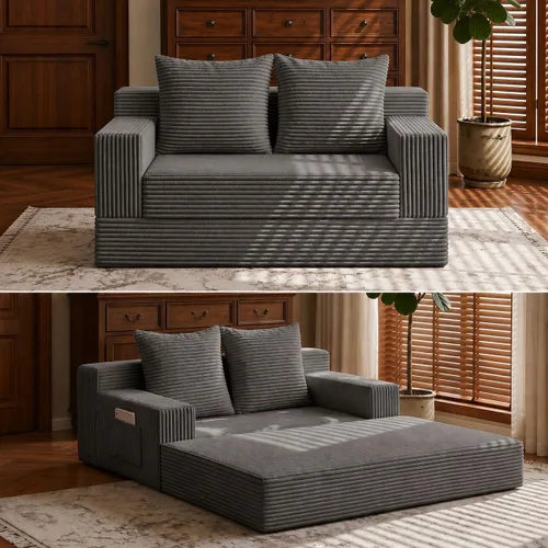 Vista 12 de Sofá cama convertible 2 en 1 sin hueso, sofá cama futón de pana, sofá plegable de compresión, sofá cama con 3 almohadas para dormitorio, sala