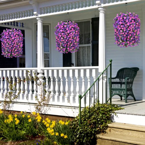 Vista 6 de Flores colgantes artificiales falsas con cesta para decoración al aire libre, resistentes a los rayos UV, flores de margaritas de seda sintética