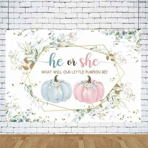 Vista 4 de AIBIIN Fondo de fotografía de calabaza de otoño de 8 x 6 pies, diseño de calabaza rosa o azul, hojas verdes, decoración de fiesta de baby shower