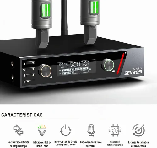 Vista 5 de Sistema de micrófono inalámbrico UHF de doble canal con escaneo automático y sincronización IR - 200 canales, rango de 400 pies, micrófonos