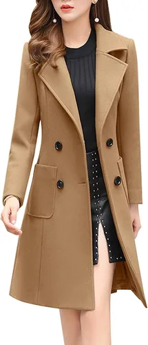 Vista 9 de chouyatou - Abrigo elegante cruzado de mezcla de lana para mujer, cuello con doble solapa de muesca Verde militar