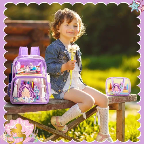 Vista 2 de Kacctyen Mochila transparente de 3 piezas, resistente y transparente, con bolsa de almuerzo, Púrpura