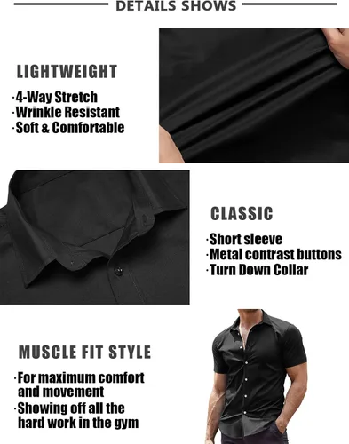 Vista 5 de COOFANDY Camisas de vestir para hombre, sin arrugas, manga corta, casual, con botones