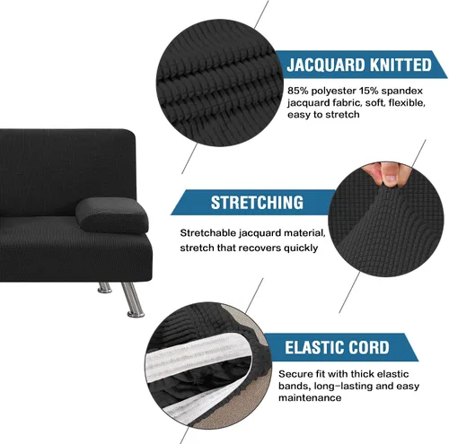 Vista 4 de LiveGo Funda para futón, 4 piezas, elásticas, para futón, sofá cama, con reposabrazos extraíbles y portavasos, protector de muebles, tela jacquard