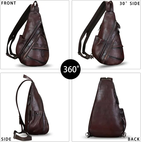 Vista 3 de Bolso bandolera de cuero genuino para hombres y mujeres, mochila de cuero para el pecho, bolsa cruzada de hombro