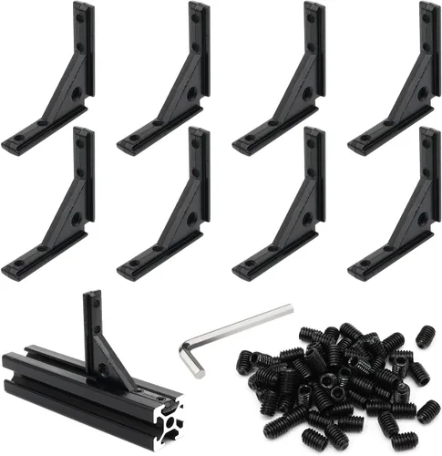 Vista 25 de 10 juegos de perfiles de extrusión de aluminio de la serie 2020, soportes en L de ángulo recto negro con tuercas y pernos de ranura en T M5