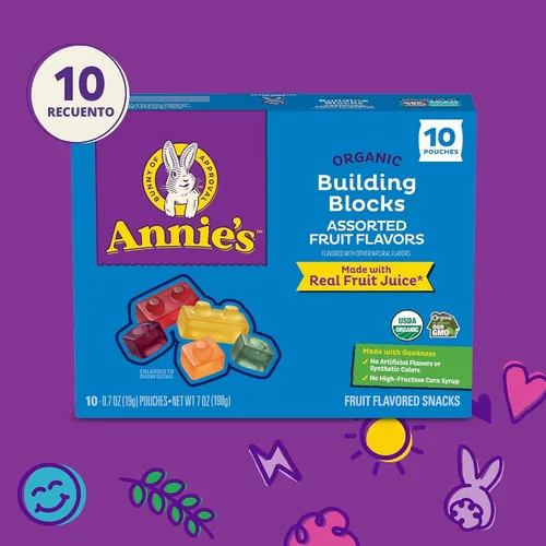 Vista 7 de Bocadillos Orgánicos Building Blocks de Annie's con Sabor a Fruta, Sabores de Frutas Variados, Sin Gluten, 10 Bolsas, 7 oz Formas de bloques
