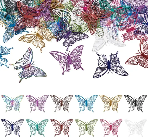 Vista 13 de FASHEWELRY 50 piezas de conectores de filigrana de mariposa de acero inoxidable, adornos de metal grabados con arco iris para fabricación de joyas