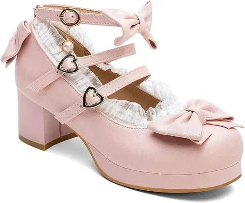 Vista 2 de SHEMEE Zapatos de vestir Kawaii Sweet Bow para mujer, con plataforma gruesa, tacones de bloque medio, hebilla y correa al tobillo, zapatos Mary Jane
