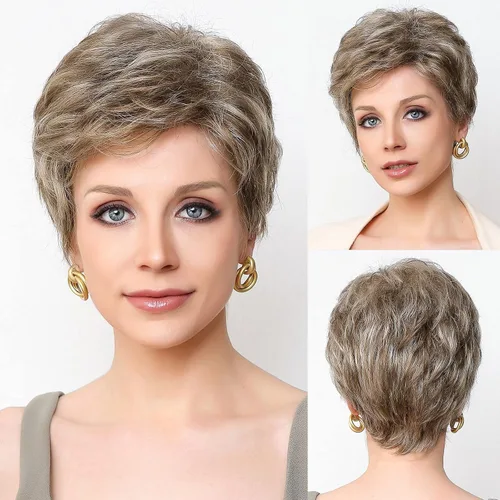 Vista 9 de HAIRCUBE Pelucas cortas de corte Pixie con textura de cabello humano para mujeres con flequillo pelucas sintéticas de repuesto - #17/101