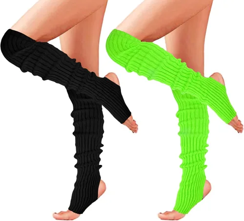 Vista 7 de Calentadores de piernas largos de punto para mujer, sobre la rodilla, de neón, acanalados, para fiestas de los años 80, deportes de baile