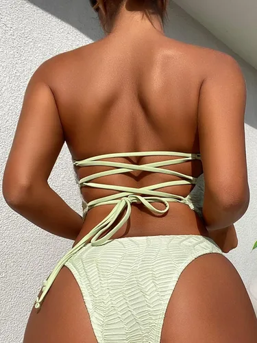 Vista 2 de MakeMeChic Traje de baño tankini bandeau de 2 piezas con cordones y dobladillo de corte alto para mujer