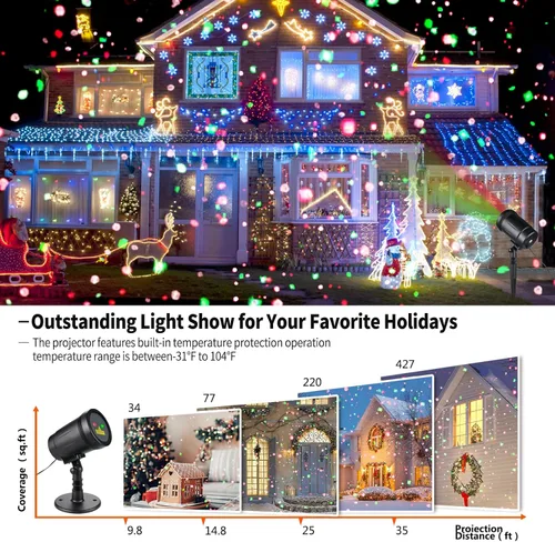 Vista 3 de Proyector de luces de Navidad al aire libre, luces láser de Navidad foco espectáculo de estrellas rojas y verdes con control remoto inalámbrico RF