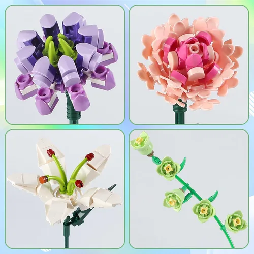 Vista 6 de Chodia Bloques de construcción de ramo de flores, clavel rosa artificial, colección botánica, juegos de ladrillos, kits de Navidad, cumpleaños