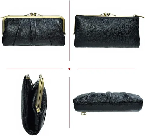 Vista 4 de Carteras de cuero suave para mujer compactas plegables RFID monedero con cremallera y bloqueo de beso Negro - Vintage