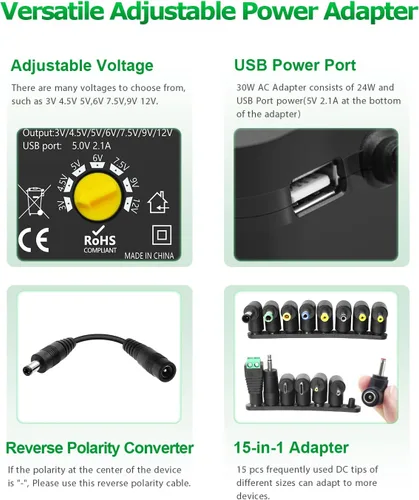 Vista 7 de Adaptador de corriente universal de CA a CC de 30 W, fuente de alimentación ajustable, 3 V, 4,5 V, 6 V, 9 V, 12 V, 2 A, 1 A, adaptador de corriente