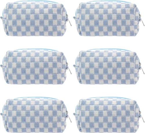 Vista 17 de PAZIMIIK Bolsa de Maquillaje a Cuadros para Bolso Portátil con Cremallera, Estuche Pequeño de Cosméticos para Accesorios de Viaje, Azul Ártico