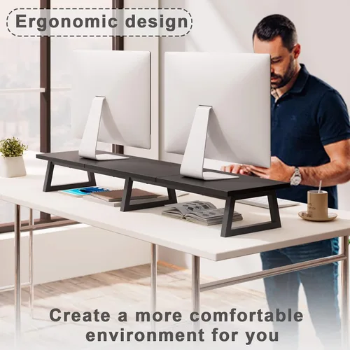 Vista 2 de TEAMIX Soporte elevador de monitor dual de 42 pulgadas en negro, soporte largo de monitor de madera y acero para 2 monitores con almacenamiento